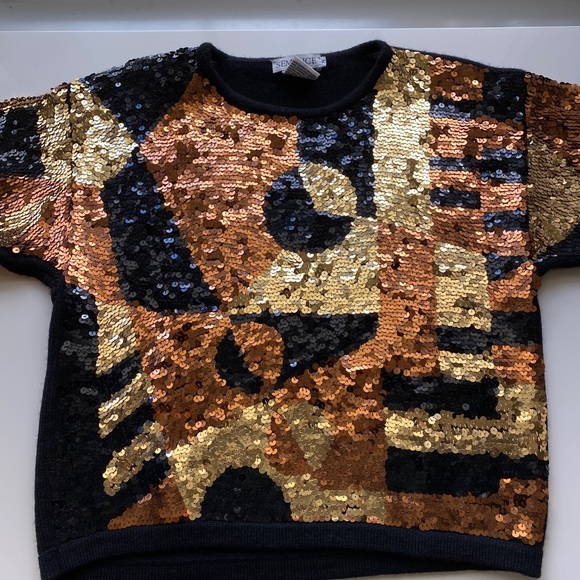 Vintage Semplice Sequin Metallic Front Design Black Wool Cropped Sweater EUC Med - Picture 15 of 16